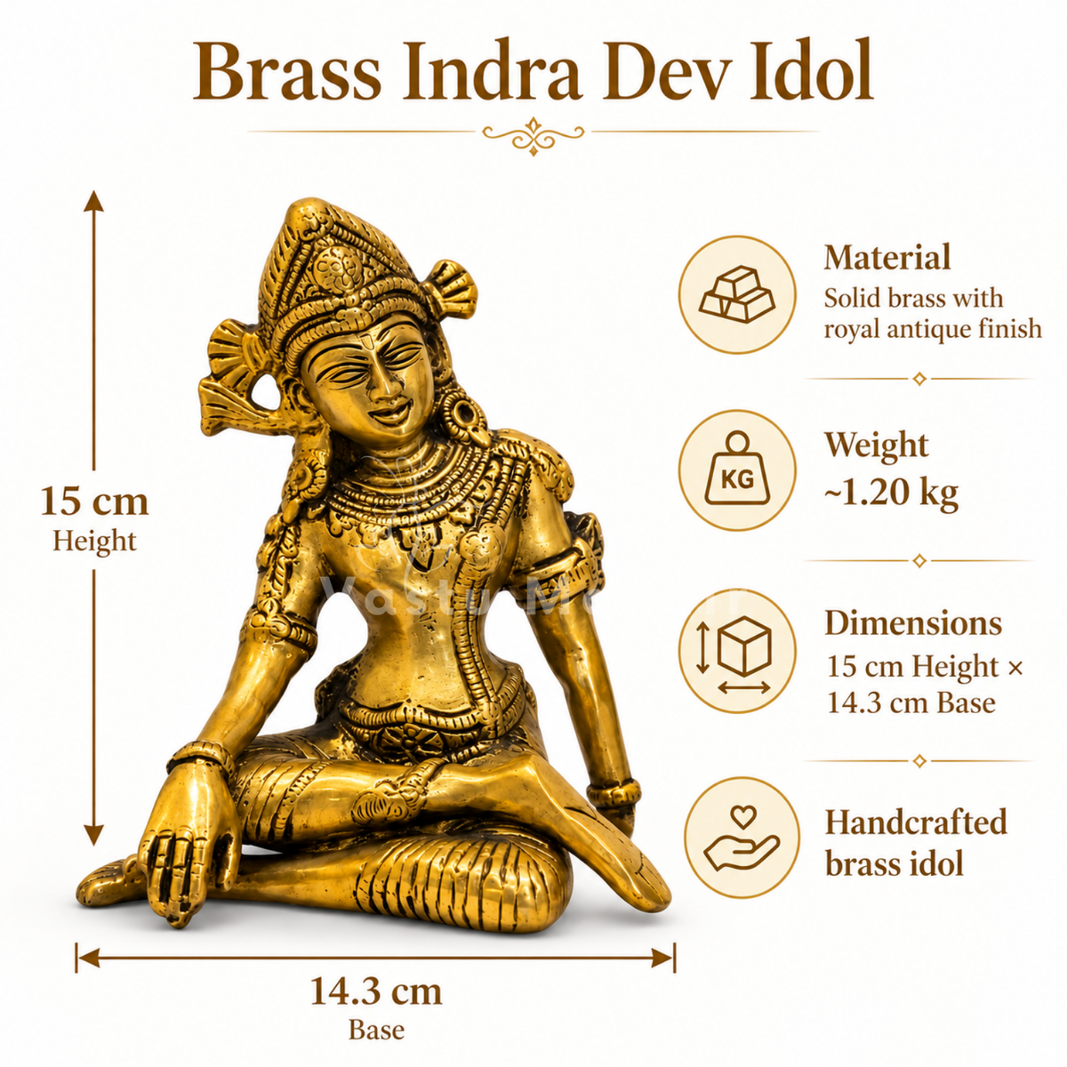 Brass Indra Dev Idol Vastu Remedy for Authority, Courage and Divine Protection for Home and Office Placement | 15 x 8 x 14.3 cm | 1.20 kg