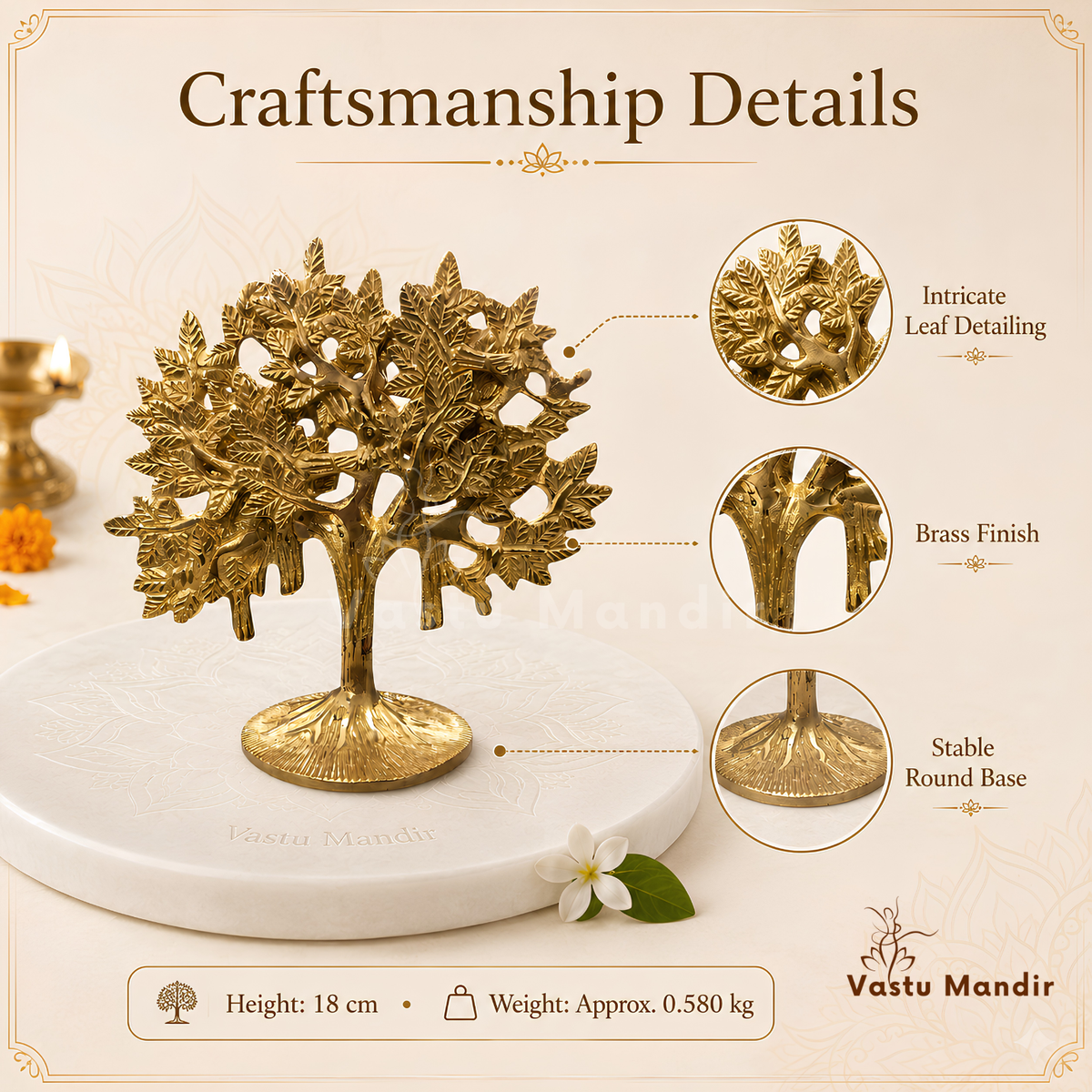 Brass Kalpavriksha tree close-up of the trunk, roots and brass finish