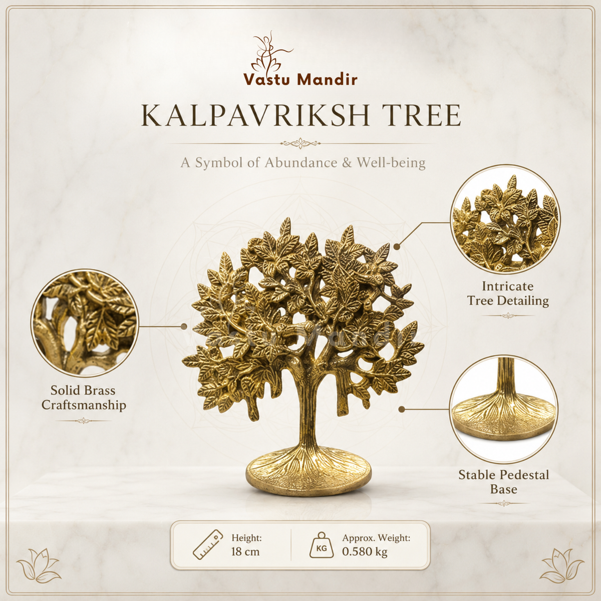 Brass Kalpavriksha tree dimension and weight infographic for the 18 cm tree