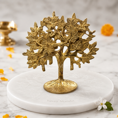 Brass Kalpavriksha tree close-up of the engraved leaves and branches