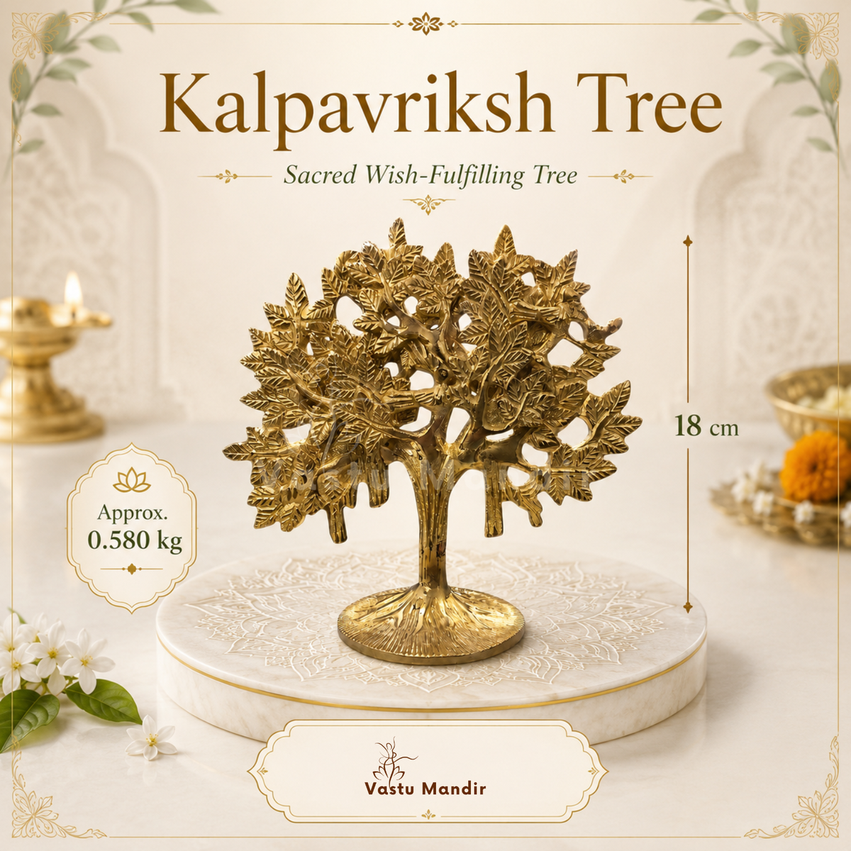 Brass Kalpavriksha tree displayed in a home or office shelf setting