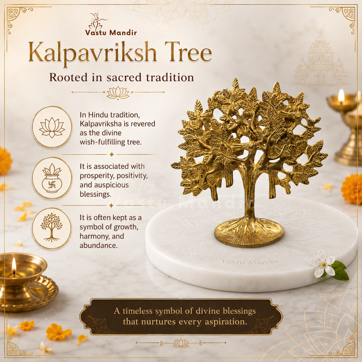 Brass Kalpavriksha tree feature infographic highlighting the tree canopy and base