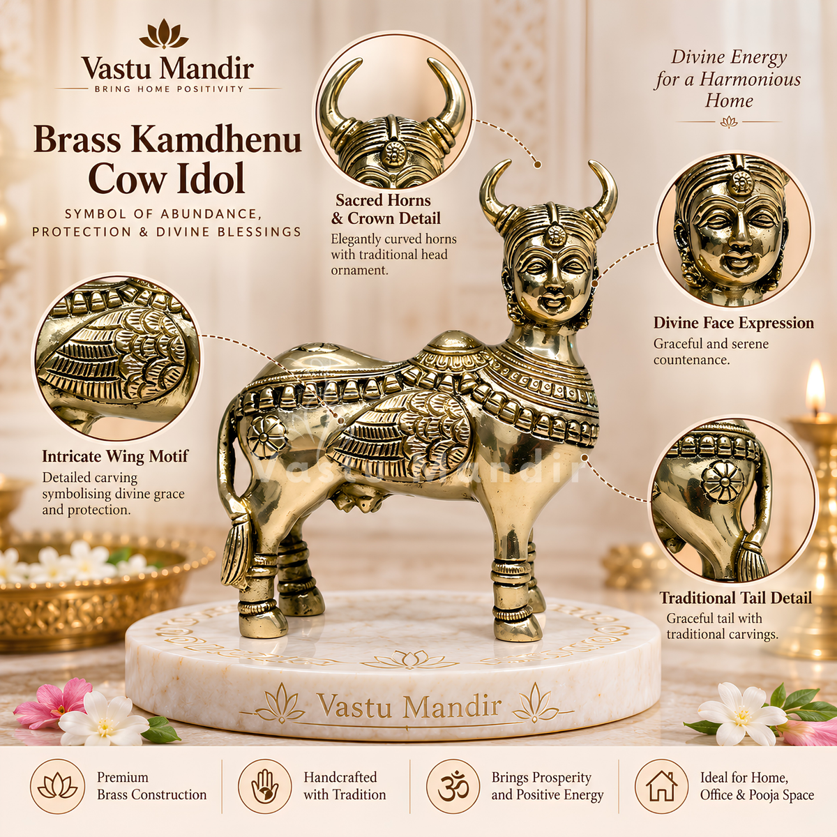 Brass Kamdhenu Cow Idol Vastu Remedy for Abundance, Prosperity and Divine Blessings for Home, Office and Gifting | 10 X 17cm | 1.600kg