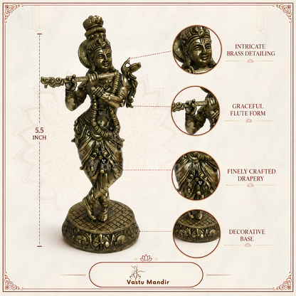 Brass Lord Krishna Idol Vastu Remedy| Vedic Vastu Sculpture for Joy, Harmony & Divine Attraction | 5.5 Inch | 230 g