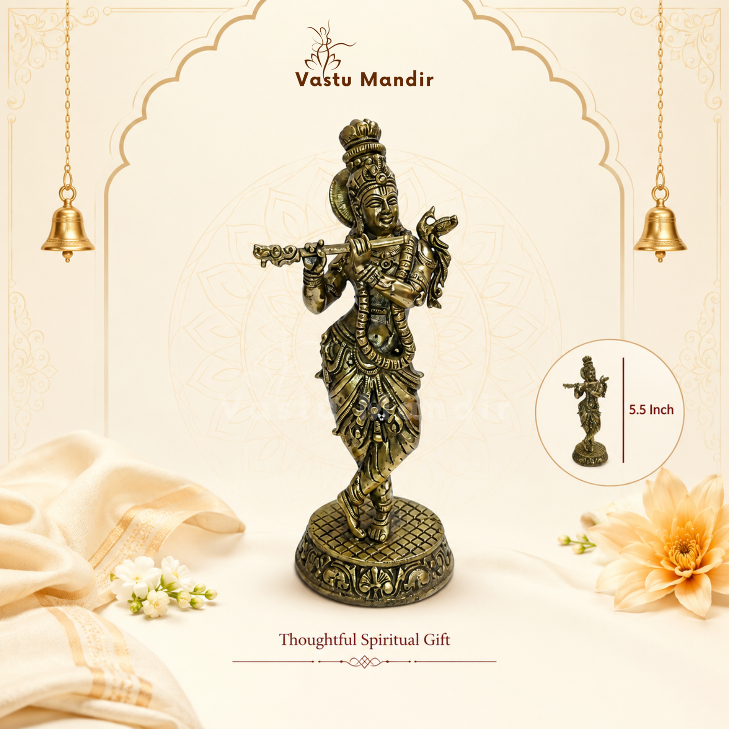 Brass Lord Krishna Idol Vastu Remedy| Vedic Vastu Sculpture for Joy, Harmony & Divine Attraction | 5.5 Inch | 230 g