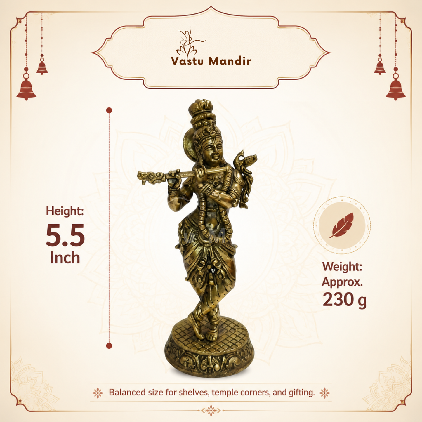 Brass Lord Krishna Idol Vastu Remedy| Vedic Vastu Sculpture for Joy, Harmony & Divine Attraction | 5.5 Inch | 230 g