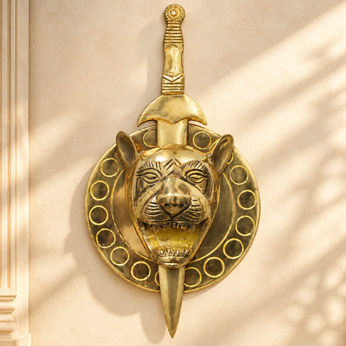 Brass Lion with Talwar Idol Vastu Remedy for Courage, Protection and South Direction Strength for Main Entrance, Office and Leadership Spaces | 10 cm | 1 kg