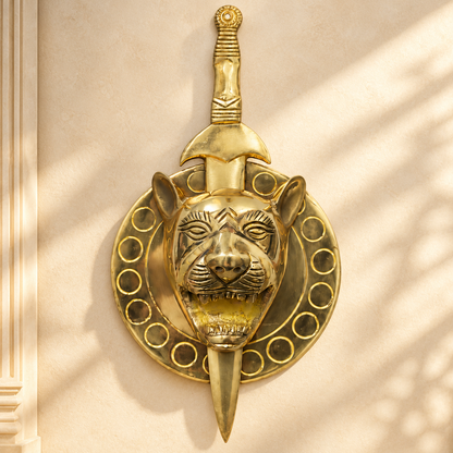 Brass Lion with Talwar Idol Vastu Remedy for Courage, Protection and South Direction Strength for Main Entrance, Office and Leadership Spaces | 10 cm | 1 kg