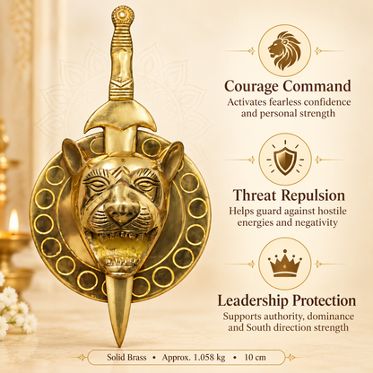 Brass Lion with Talwar Idol Vastu Remedy for Courage, Protection and South Direction Strength for Main Entrance, Office and Leadership Spaces | 10 cm | 1 kg
