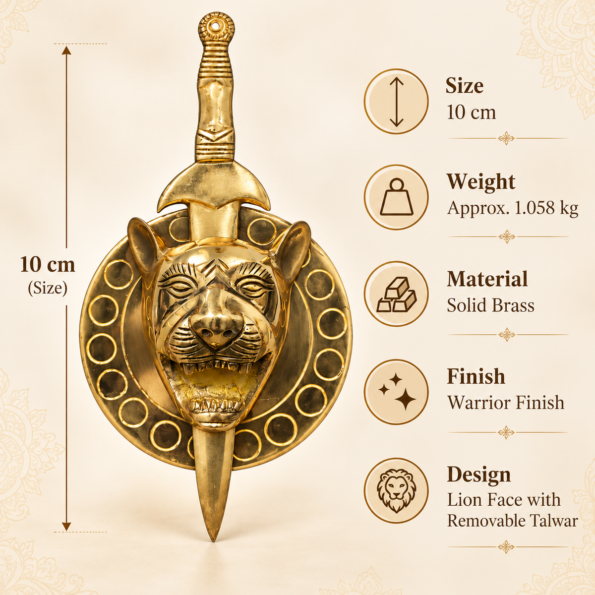 Brass Lion with Talwar Idol Vastu Remedy for Courage, Protection and South Direction Strength for Main Entrance, Office and Leadership Spaces | 10 cm | 1 kg