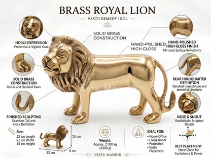 Brass Lion Idol Statue for Home, Office, Vastu Remedy & Decorative Showpiece | 22 × 15 cm | 2.300 kg