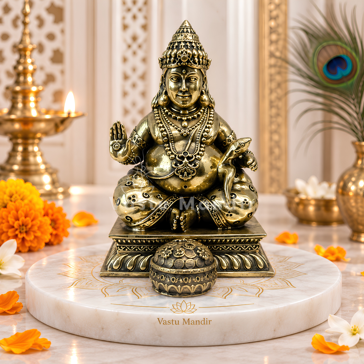 Brass Lord Dhan Kuber Ji Idol Vastu Remedy for Wealth Attraction and Abundance for Home Temple, Office Desk and Cash Zone Placement | 10 x 2 cm | 150 g