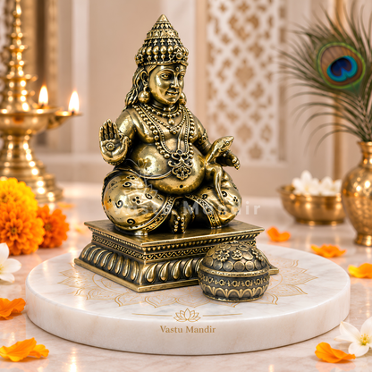 Brass Lord Dhan Kuber Ji Idol Vastu Remedy for Wealth Attraction and Abundance for Home Temple, Office Desk and Cash Zone Placement | 10 x 2 cm | 150 g