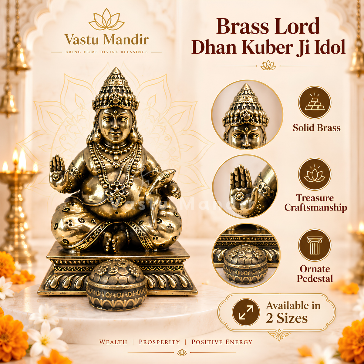 Brass Lord Dhan Kuber Ji Idol Vastu Remedy for Wealth Attraction and Abundance for Home Temple, Office Desk and Cash Zone Placement | 10 x 2 cm | 150 g