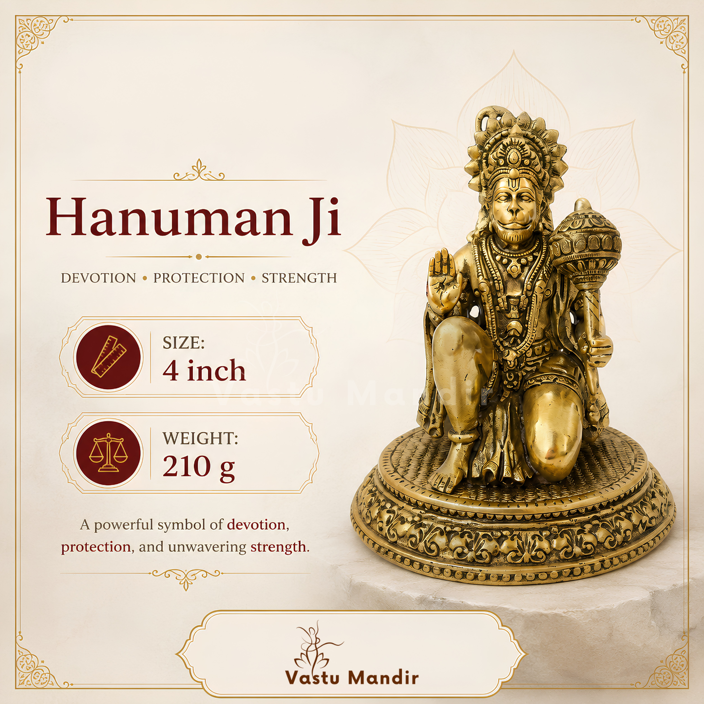 Hanuman Ji Brass Idol | Vastu Remedy for Strength, Protection & Devotion | 3–4 Inch | 140–210 g