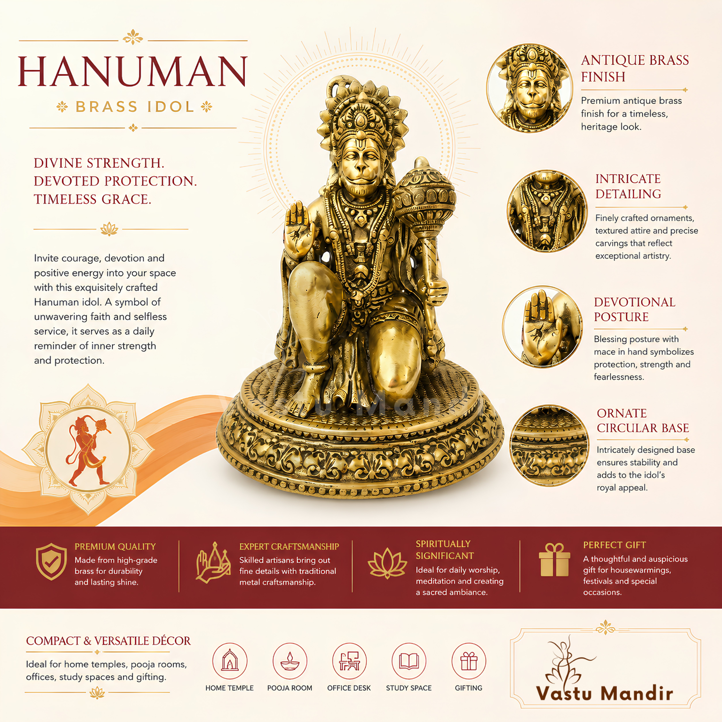 Hanuman Ji Brass Idol | Vastu Remedy for Strength, Protection & Devotion | 3–4 Inch | 140–210 g