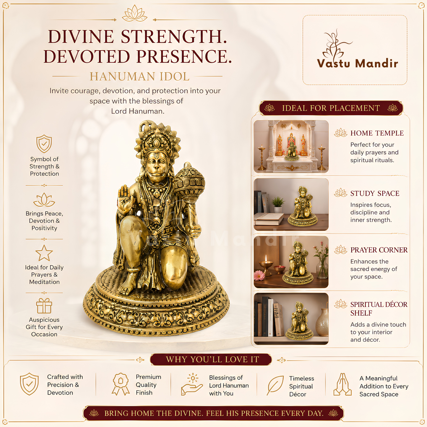 Hanuman Ji Brass Idol | Vastu Remedy for Strength, Protection & Devotion | 3–4 Inch | 140–210 g