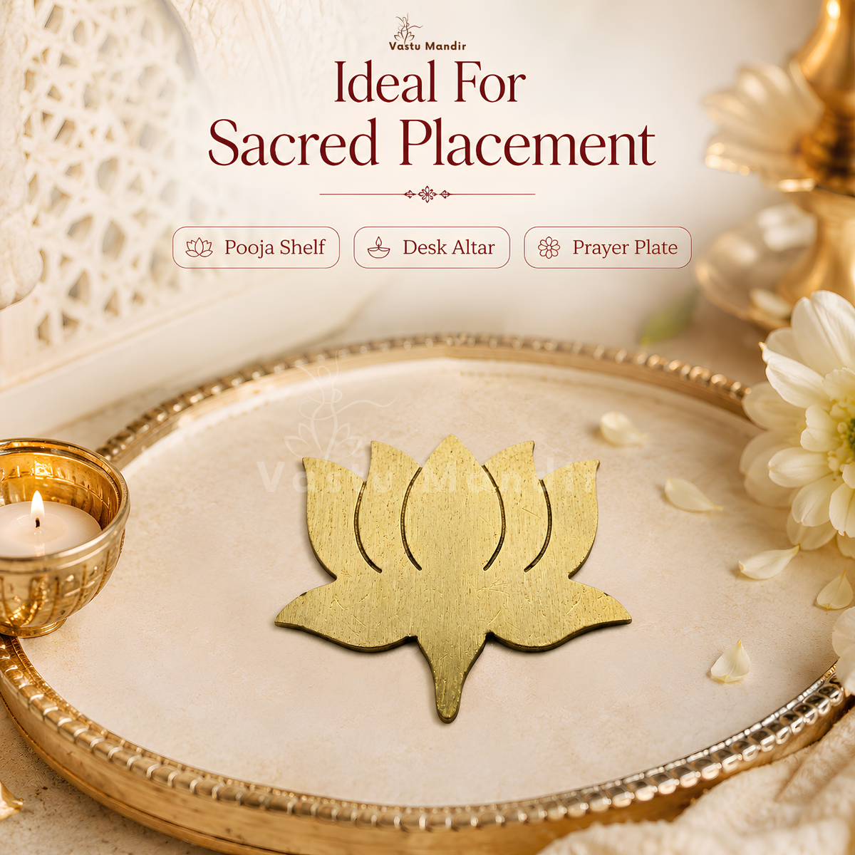 Brass lotus motif shown from the front with layered metallic petals