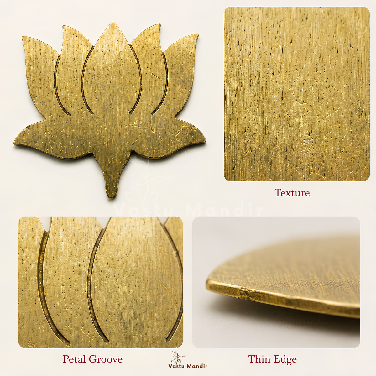 Angled view of the brass lotus showing its raised form