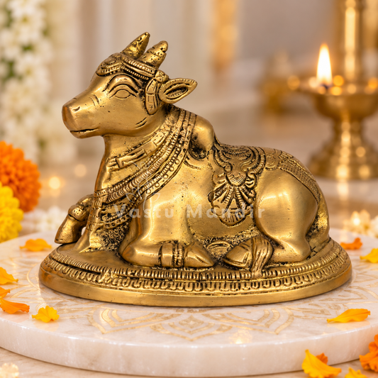 Handcrafted Pure Brass Nandi Bull Vastu Remedy Idol for Business Stability and South-West Directional Alignment | 14 × 7.5 × 11 cm | 0.9 kg