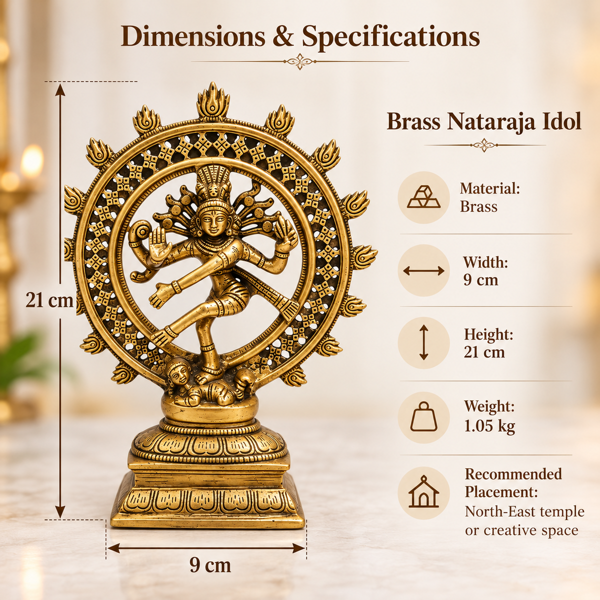 Brass Nataraja Idol Vastu Remedy for Creative Energy, Spiritual Balance and Cosmic Harmony for Home Temple, Office and Living Room Decor | 9 x 21 cm | 1.05 kg