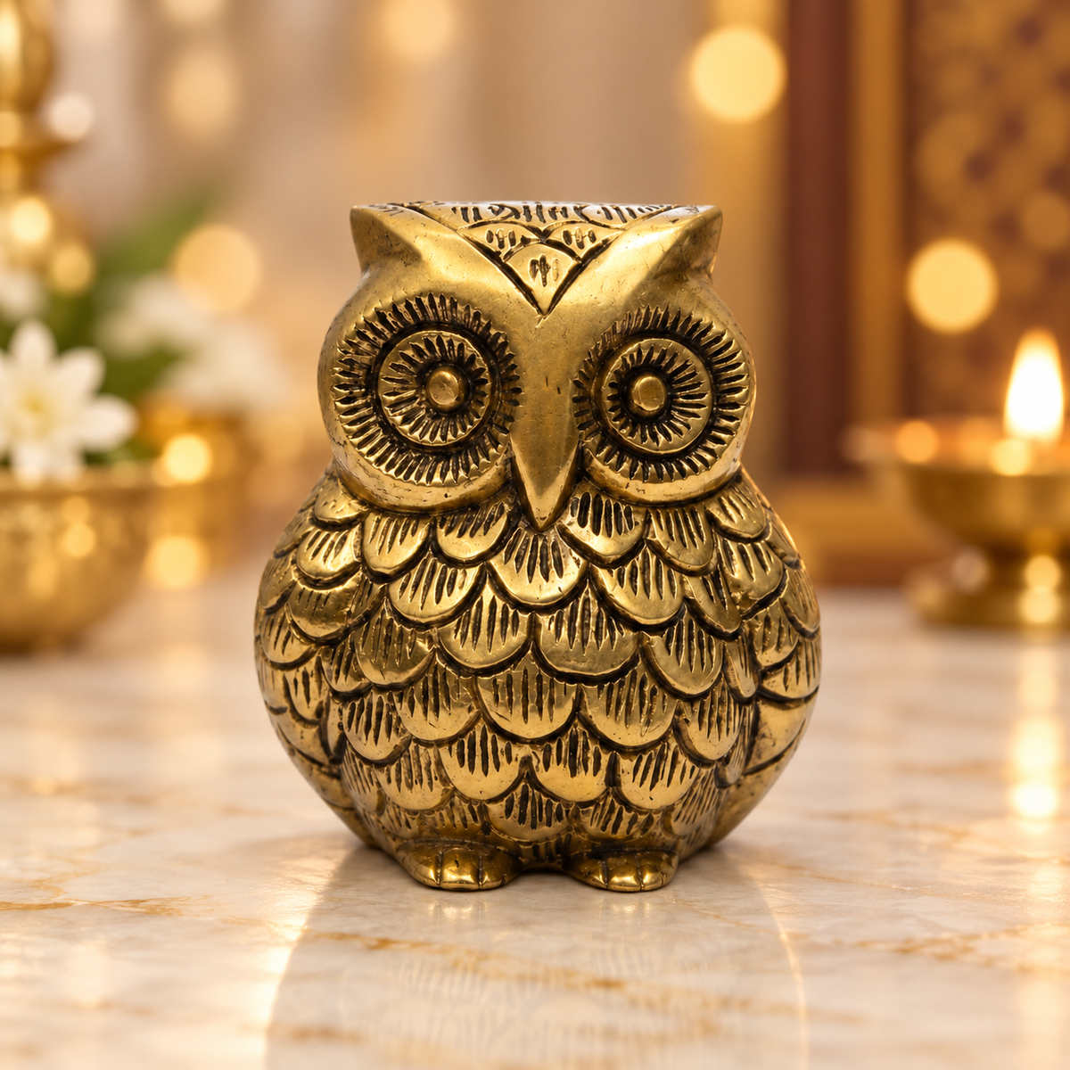 Brass Owl Idol Vastu Remedy for Wisdom, Wealth Guidance and Intuitive Clarity for Home, Office and Study Table Placement | 6 x 9 cm | 620 gm