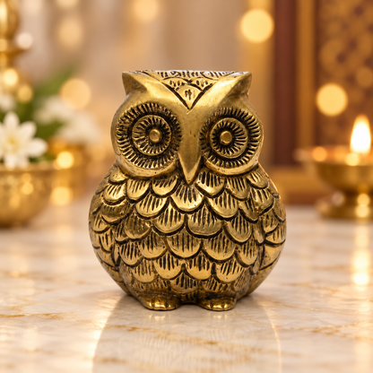 Brass Owl Idol Vastu Remedy for Wisdom, Wealth Guidance and Intuitive Clarity for Home, Office and Study Table Placement | 6 x 9 cm | 620 gm