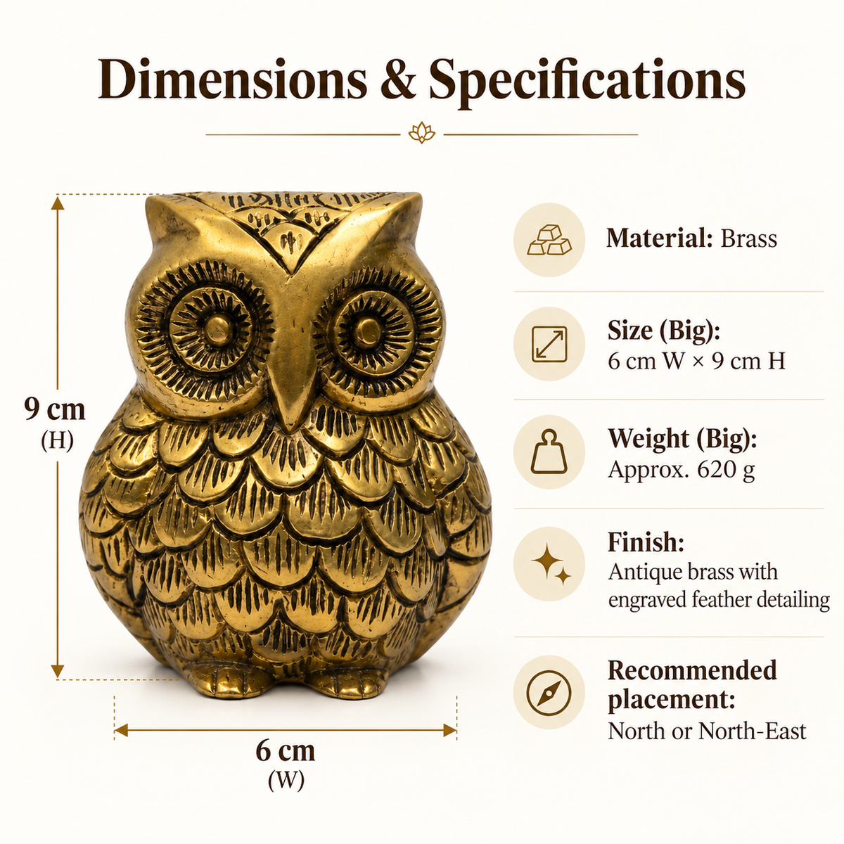 Brass Owl Idol Vastu Remedy for Wisdom, Wealth Guidance and Intuitive Clarity for Home, Office and Study Table Placement | 6 x 9 cm | 620 gm