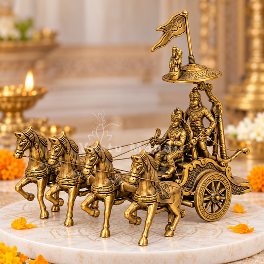 Krishna and Arjuna's Pure Brass 4-Horses Rath Statue Idol Decorative Showpiece for Home, Office, Living Room by Vastu Mandir | 24 x 18 x 23 cm | 2.35 kg 