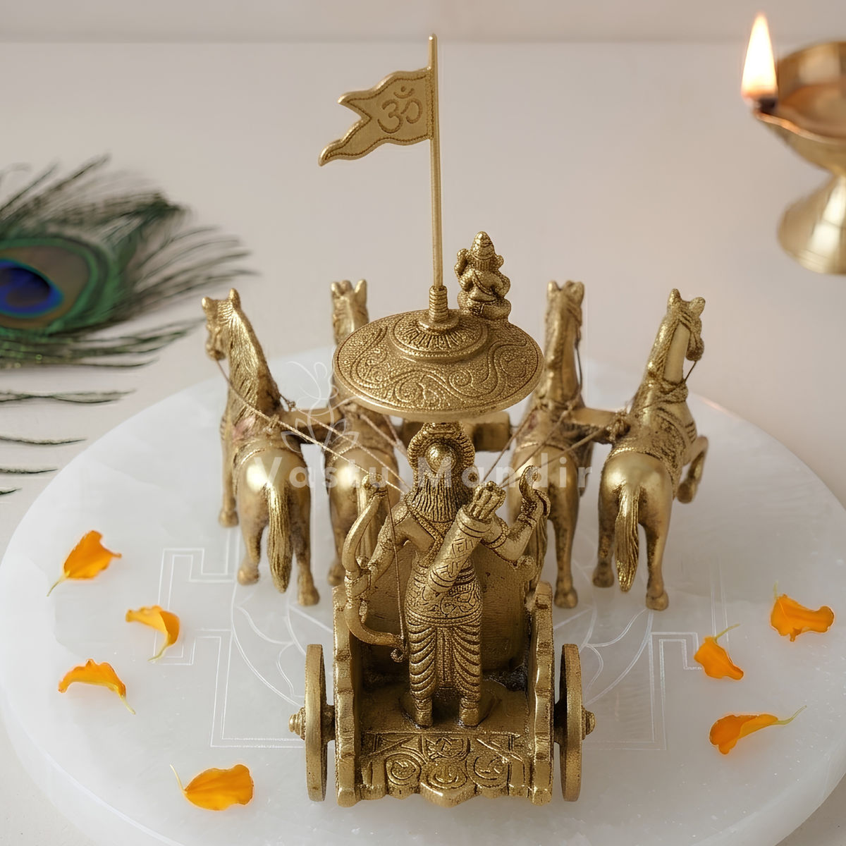 Krishna and Arjuna's Pure Brass 4-Horses Rath Statue Idol Decorative Showpiece for Home, Office, Living Room by Vastu Mandir | 24 x 18 x 23cm | 2.35 kg 