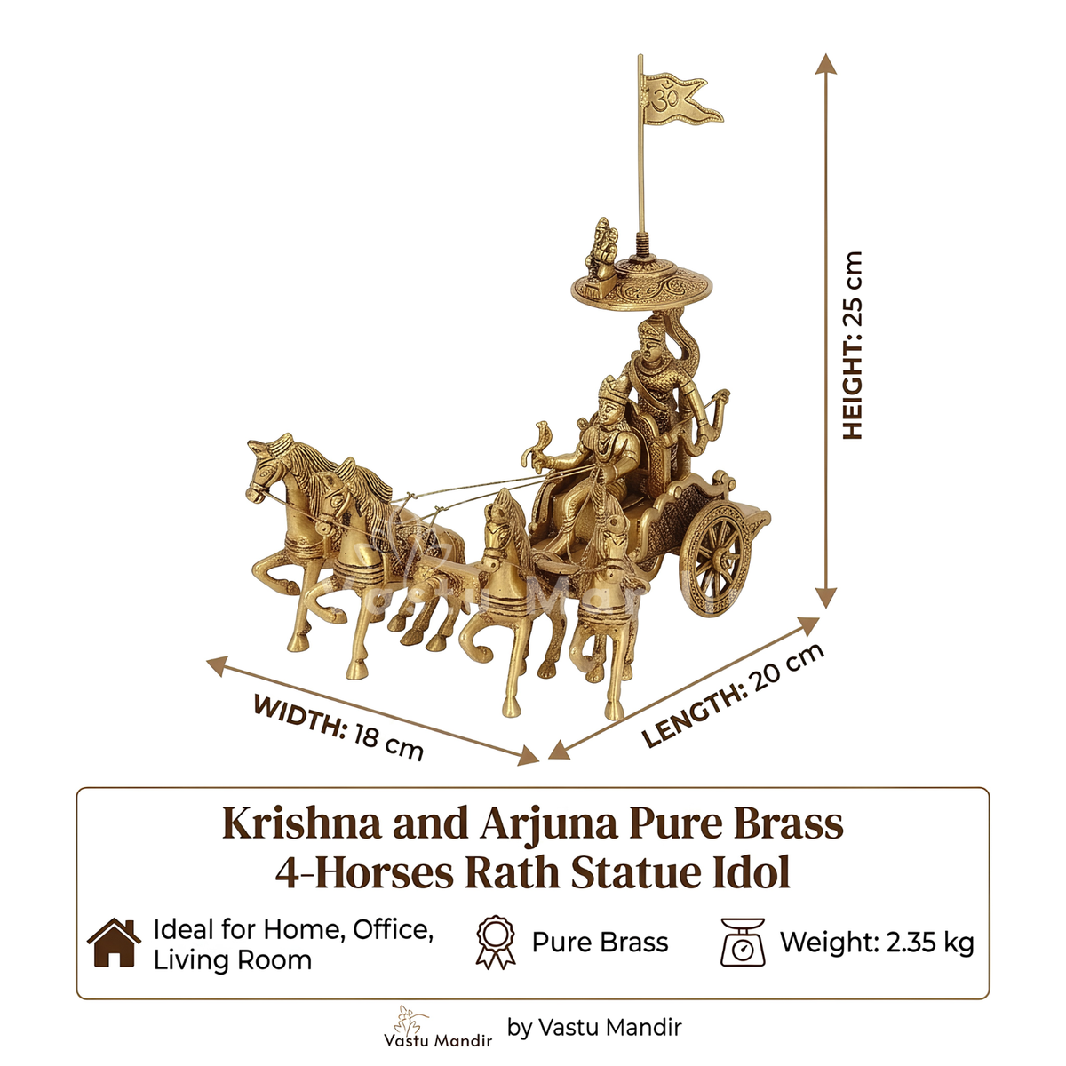 Krishna and Arjuna's Pure Brass 4-Horses Rath Statue Idol Decorative Showpiece for Home, Office, Living Room by Vastu Mandir | 24 x 18 x 23cm | 2.35 kg 