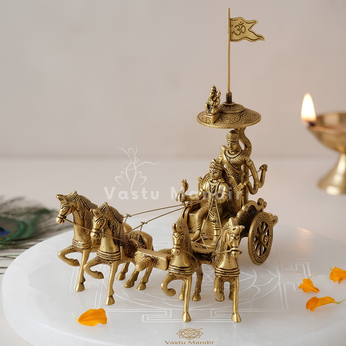 Krishna and Arjuna's Pure Brass 4-Horses Rath Statue Idol Decorative Showpiece for Home, Office, Living Room by Vastu Mandir | 24 x 18 x 23cm | 2.35 kg 