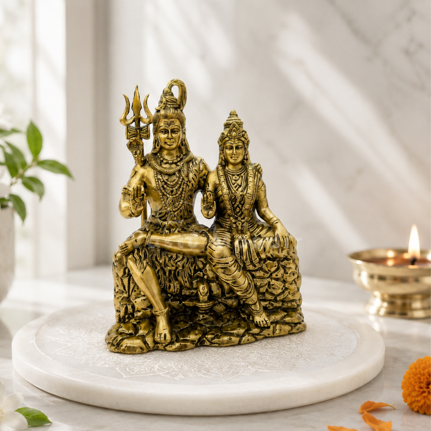 Brass Shiv Parvati Idol on a marble base with a candle and flowers in the background.