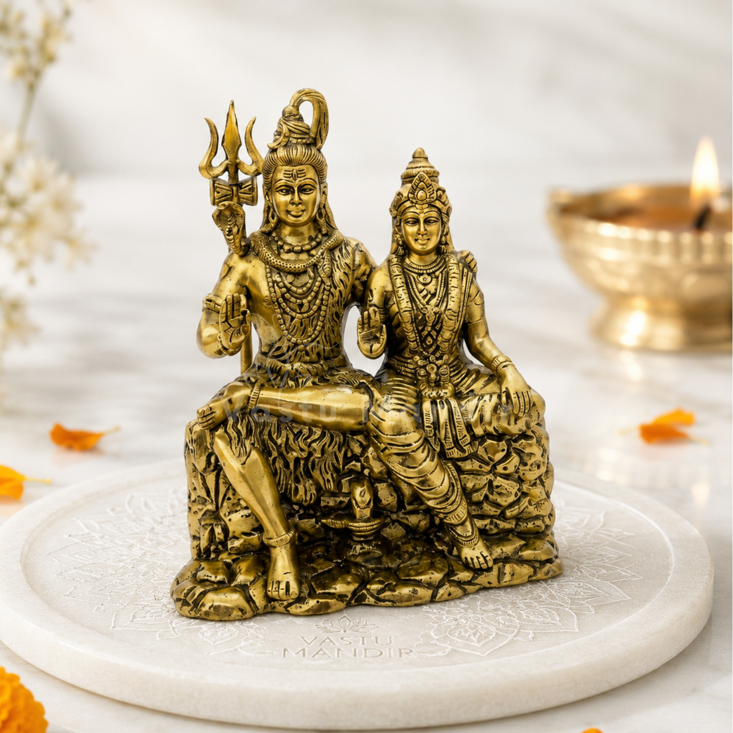 Brass Shiv Parvati Idol in Uma Maheshwara Pose on Mount Kailash Base