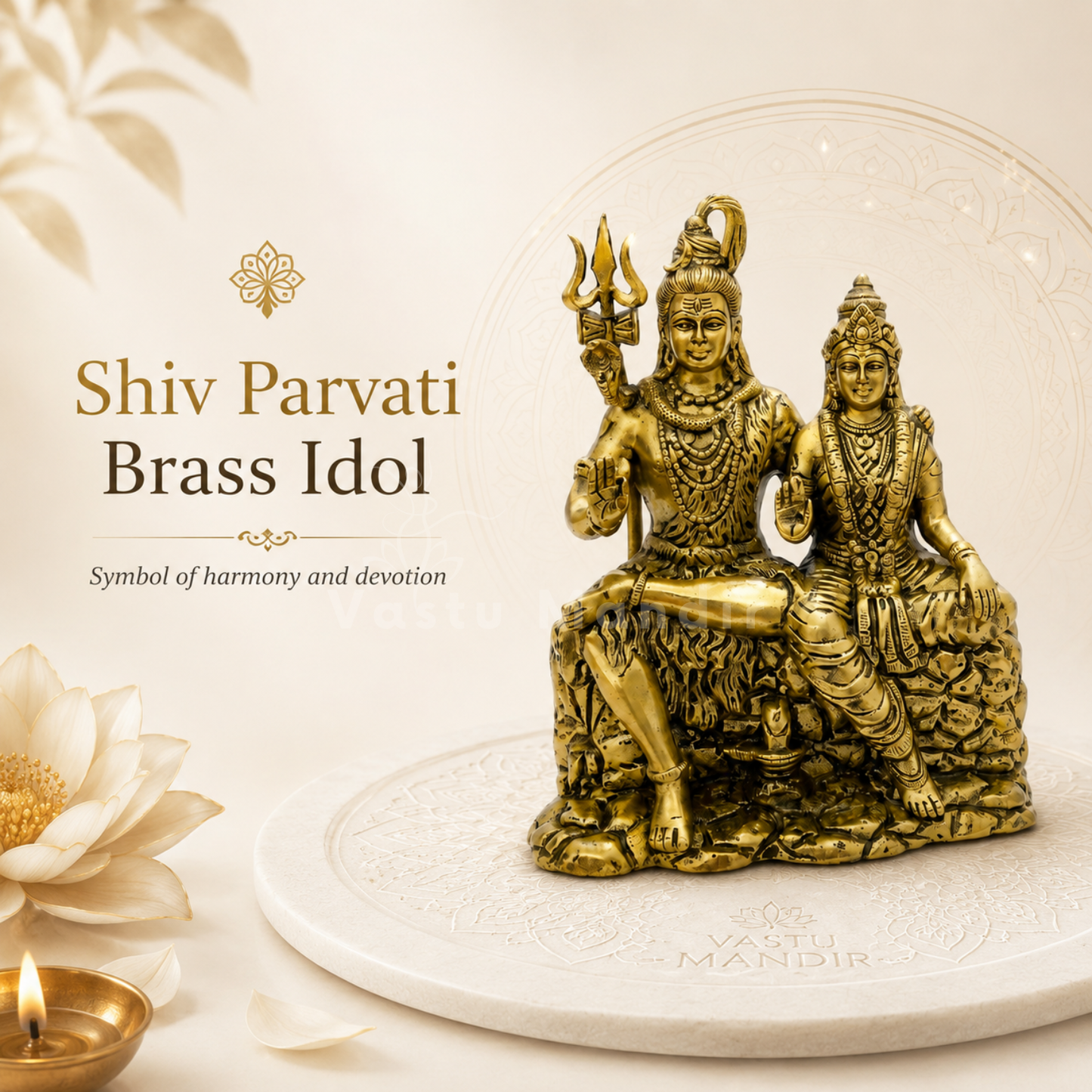 Brass statue of Shiv Parvati on a white platform with decorative elements