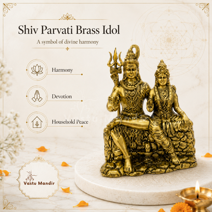 Shiv Parvati Brass Idol on a white pedestal with decorative elements and 'Vastu Mandir' branding.
