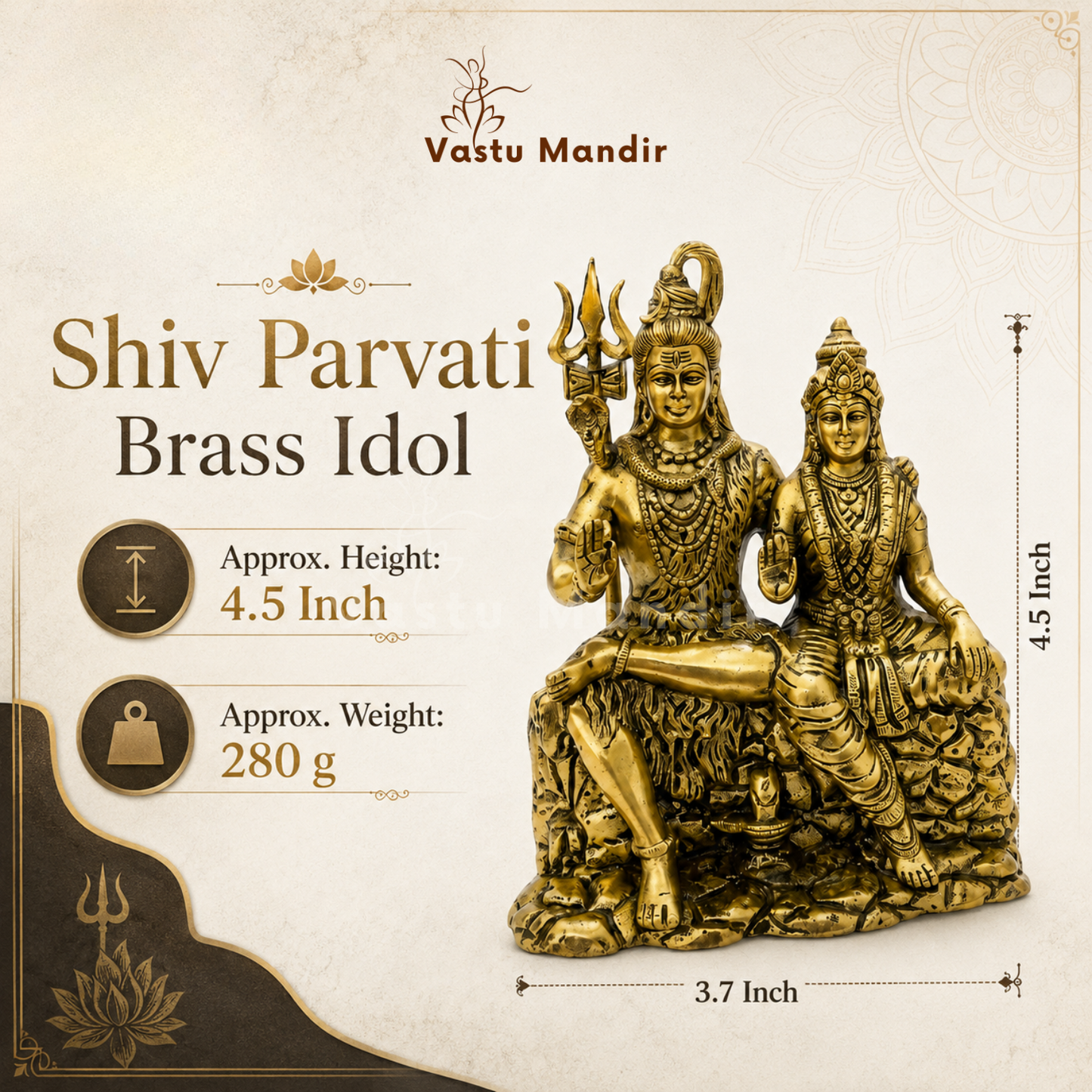 Brass Shiv Parvati idol with dimensions and weight details on a beige background