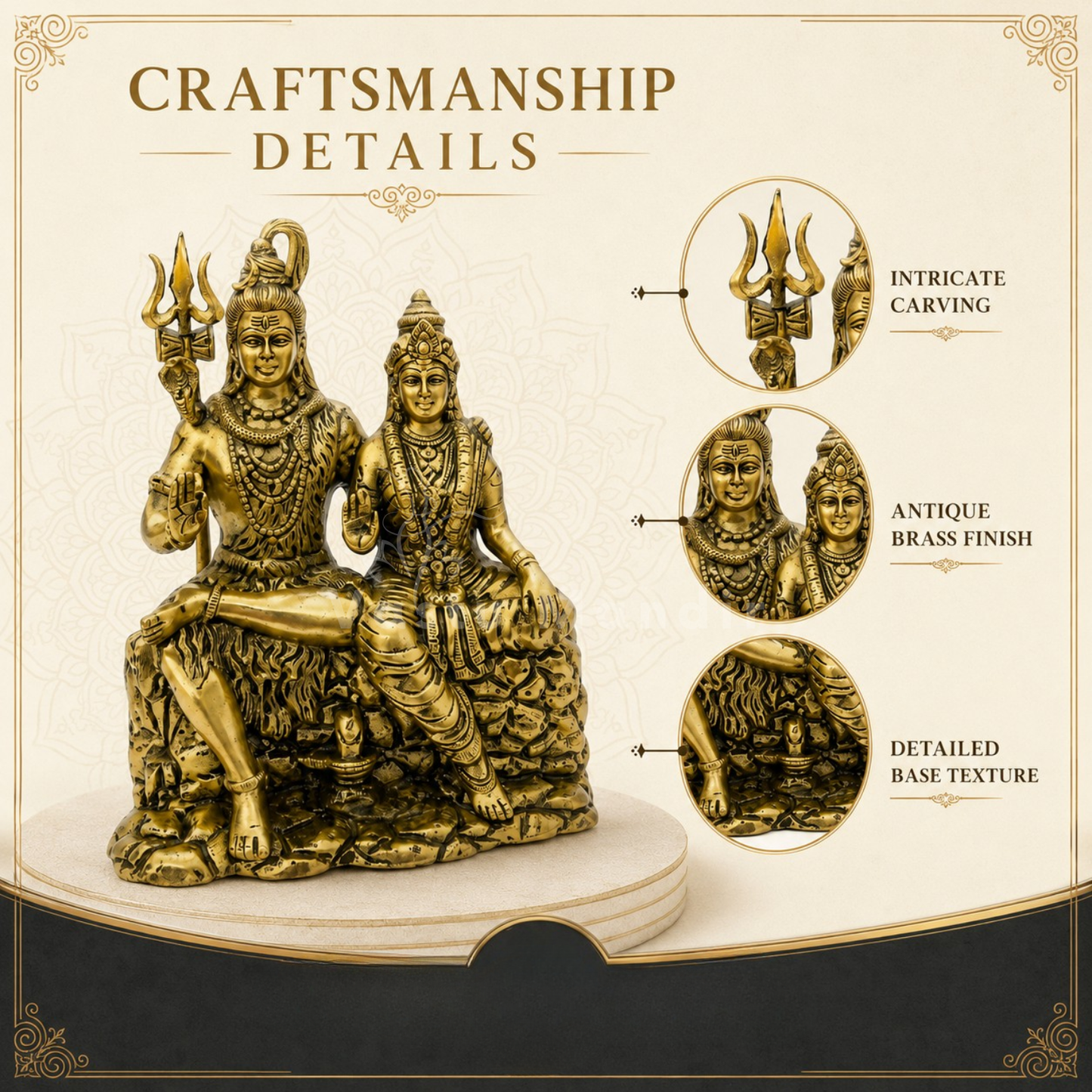Brass Shiv Parvati Idol with close-up details on a beige background