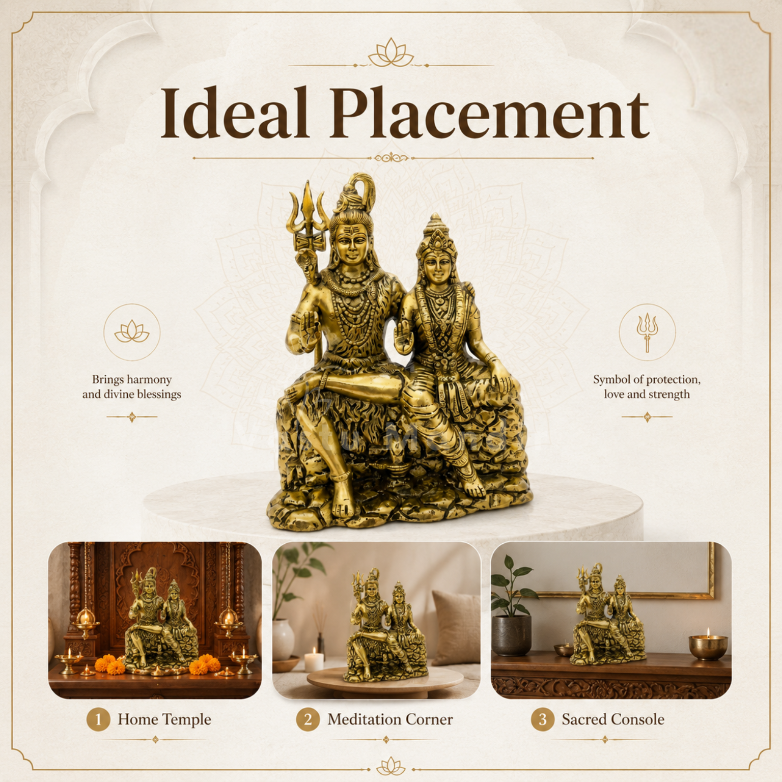 Brass Shiv Parvati Idol with text on ideal placement and significance