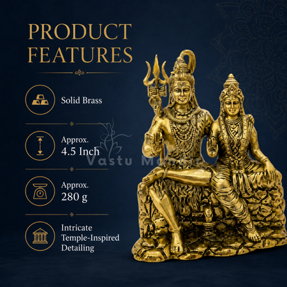 Brass Shiv Parvati Idol with product features listed on a dark background