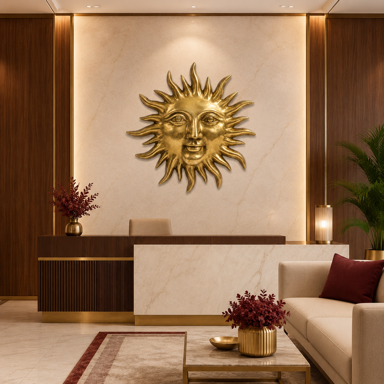 Solid Brass Sun Face Wall Idol | Vastu Remedy for East Direction Prosperity & Fame | Main Door, Living Room & Office | 24 × 24 cm | 1 kg
