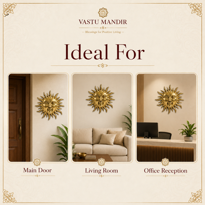 Solid Brass Sun Face Wall Idol | Vastu Remedy for East Direction Prosperity & Fame | Main Door, Living Room & Office | 24 × 24 cm | 1 kg