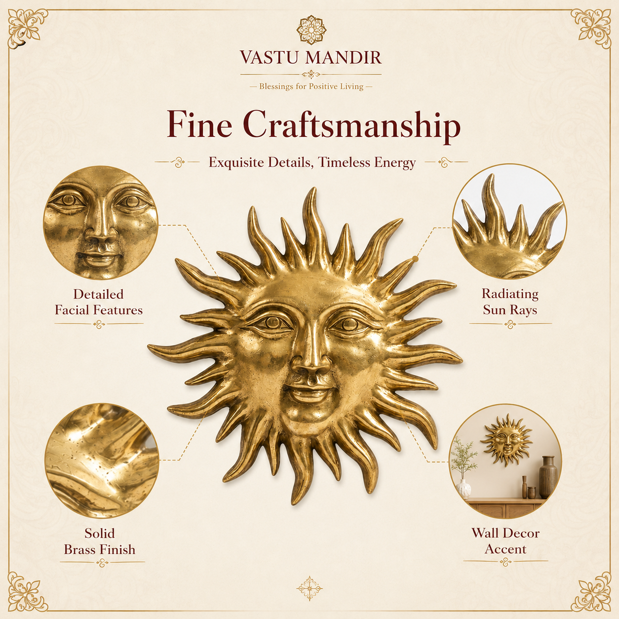 Solid Brass Sun Face Wall Idol | Vastu Remedy for East Direction Prosperity & Fame | Main Door, Living Room & Office | 24 × 24 cm | 1 kg