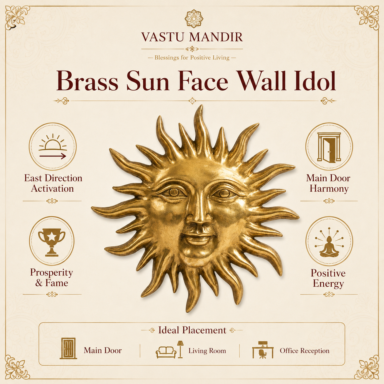 Solid Brass Sun Face Wall Idol | Vastu Remedy for East Direction Prosperity & Fame | Main Door, Living Room & Office | 24 × 24 cm | 1 kg