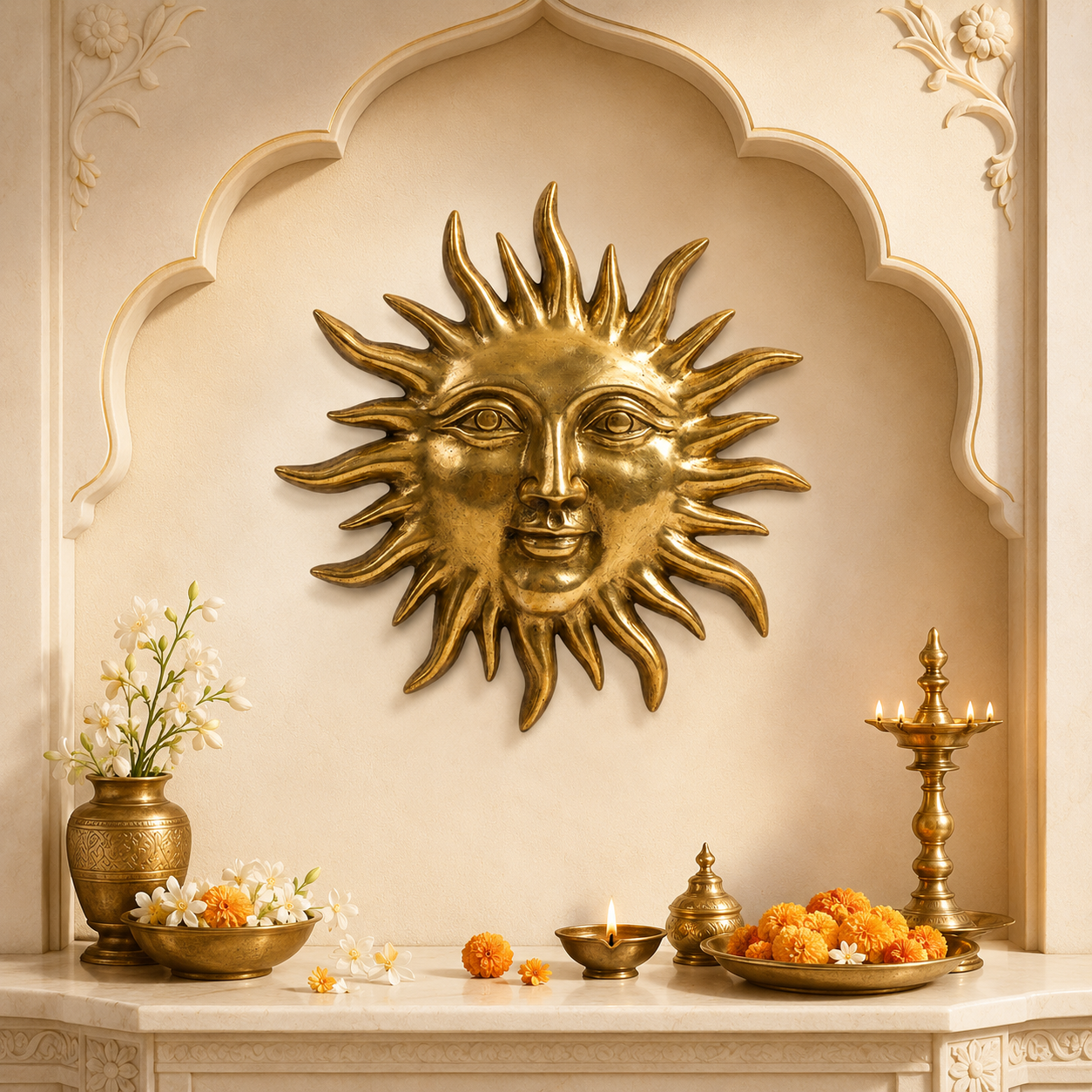 Solid Brass Sun Face Wall Idol | Vastu Remedy for East Direction Prosperity & Fame | Main Door, Living Room & Office | 24 × 24 cm | 1 kg