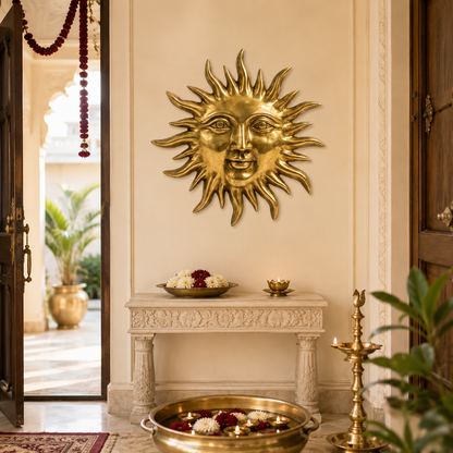 Solid Brass Sun Face Wall Idol | Vastu Remedy for East Direction Prosperity & Fame | Main Door, Living Room & Office | 24 × 24 cm | 1 kg