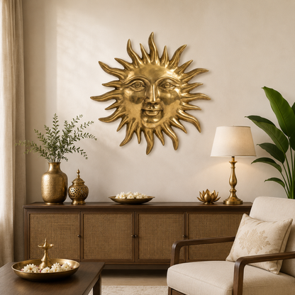 Solid Brass Sun Face Wall Idol | Vastu Remedy for East Direction Prosperity & Fame | Main Door, Living Room & Office | 24 × 24 cm | 1 kg