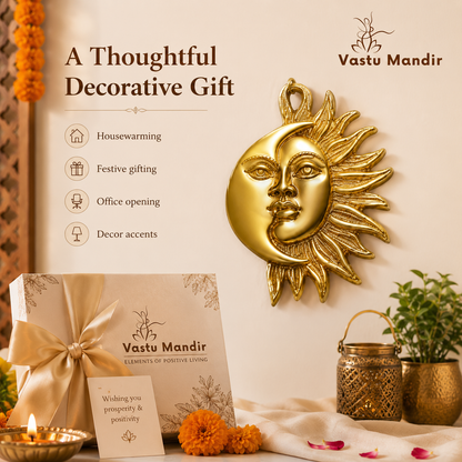 Sun & Moon Wall Hanging Brass Idol | Sacred Symbol of Harmony & Positivity | 6 x 8 Inch | 850 g