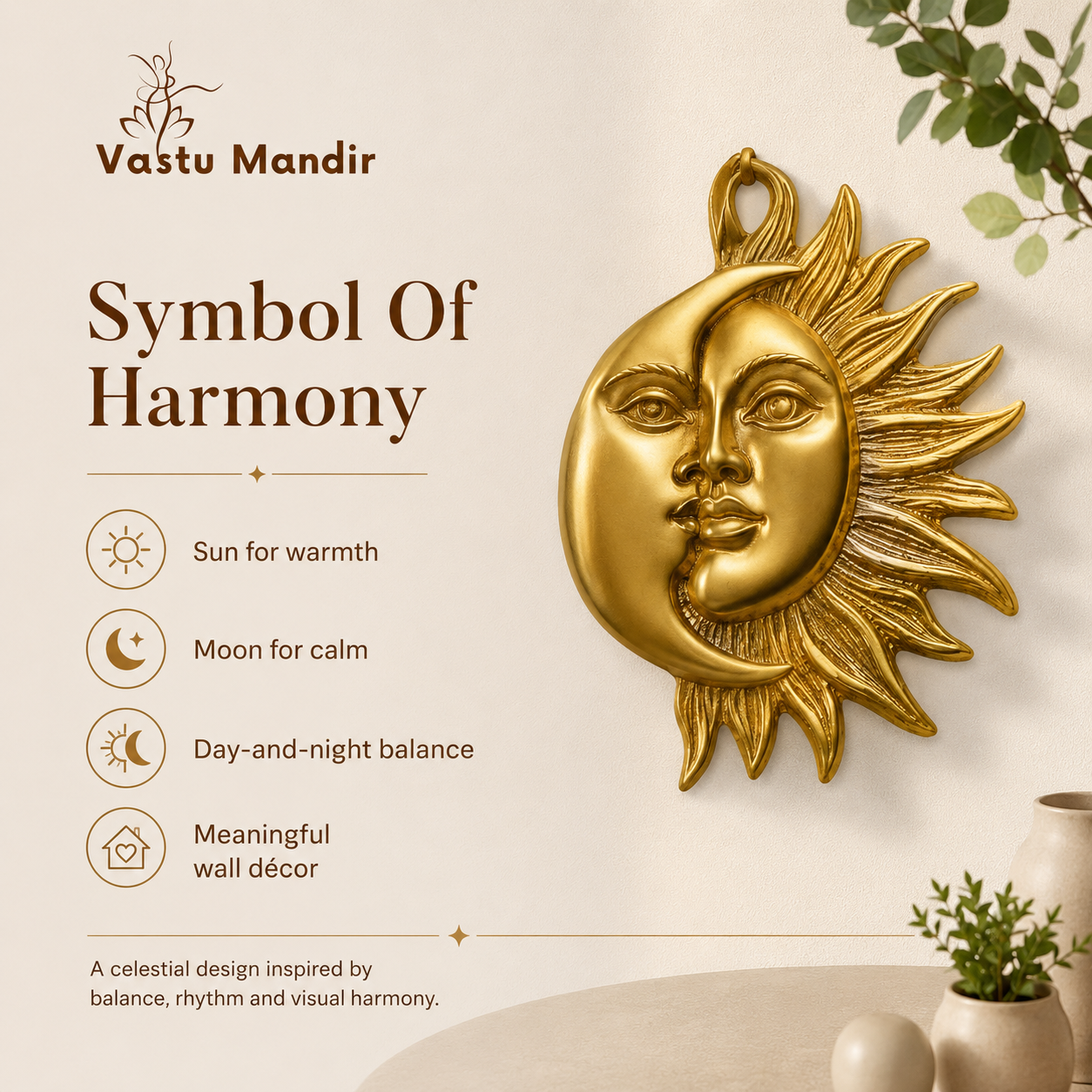 Sun & Moon Wall Hanging Brass Idol | Sacred Symbol of Harmony & Positivity | 6 x 8 Inch | 850 g