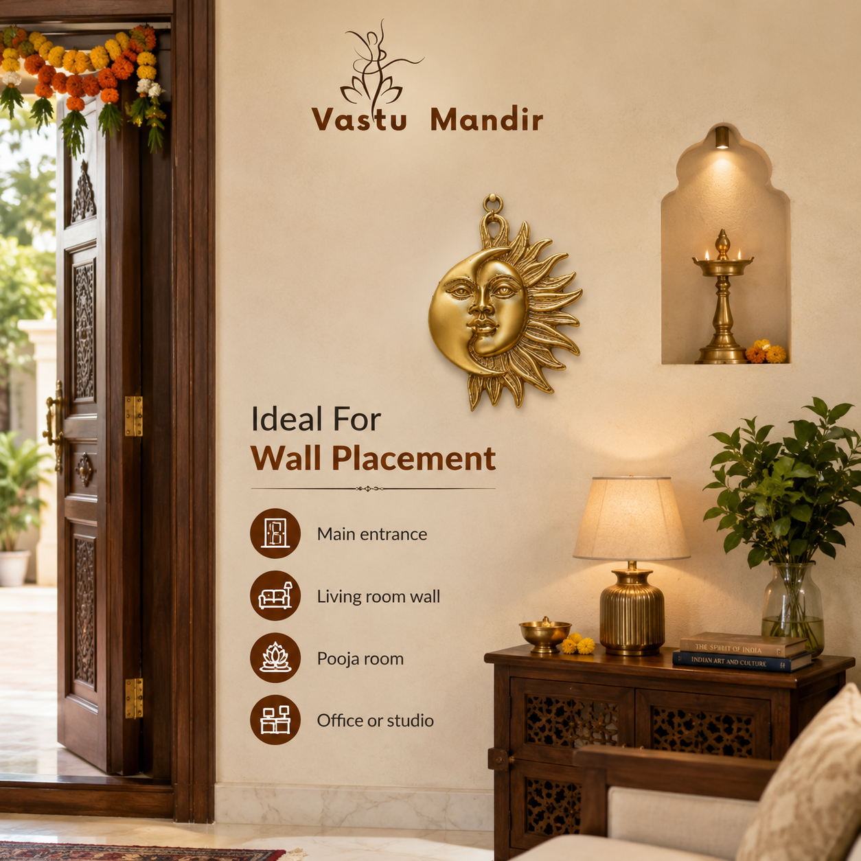 Sun & Moon Wall Hanging Brass Idol | Sacred Symbol of Harmony & Positivity | 6 x 8 Inch | 850 g